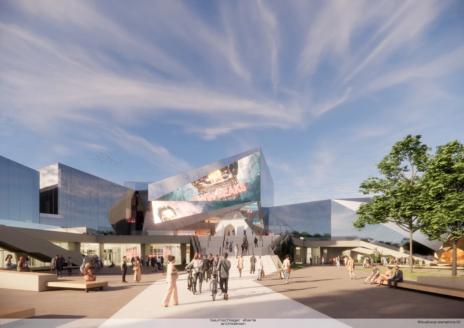 Widok koncepcyjny Ecofuturium z publicznym centrum edukacyjno-wystawienniczym zorganizowanym wokół ogrodu.