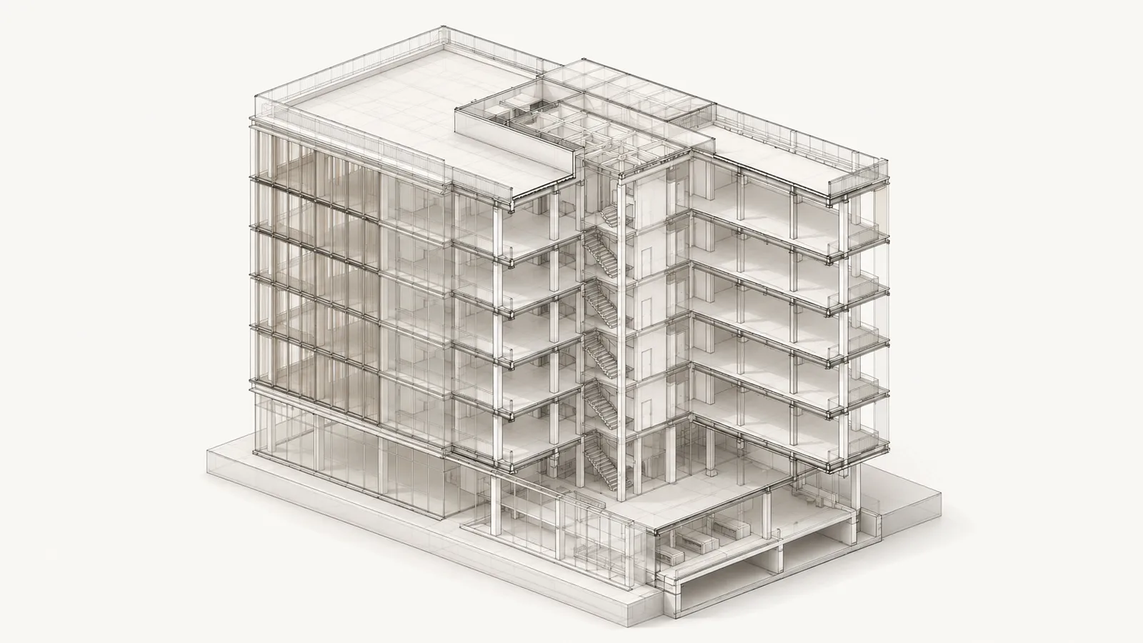Skoordynowany model BIM — konstrukcja, stropy i siatka elewacji.